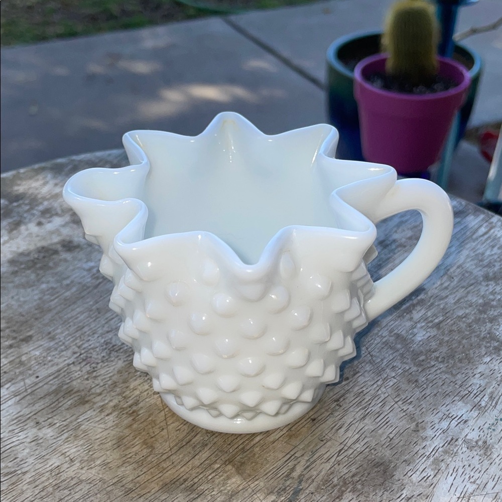 White Hobnail Milk Glass Creamer Pitcher - Elegant Star Rim